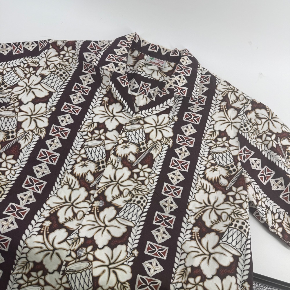 Evergreen Island Mens XL Hawaiian Shirt Brown Hibiscus Drum Made in Hawaii